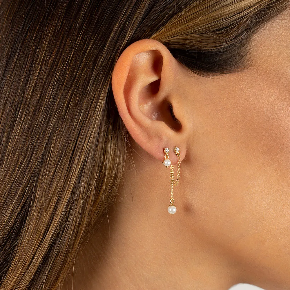 CZ X Pearl Double Chain Front Back Stud Earring