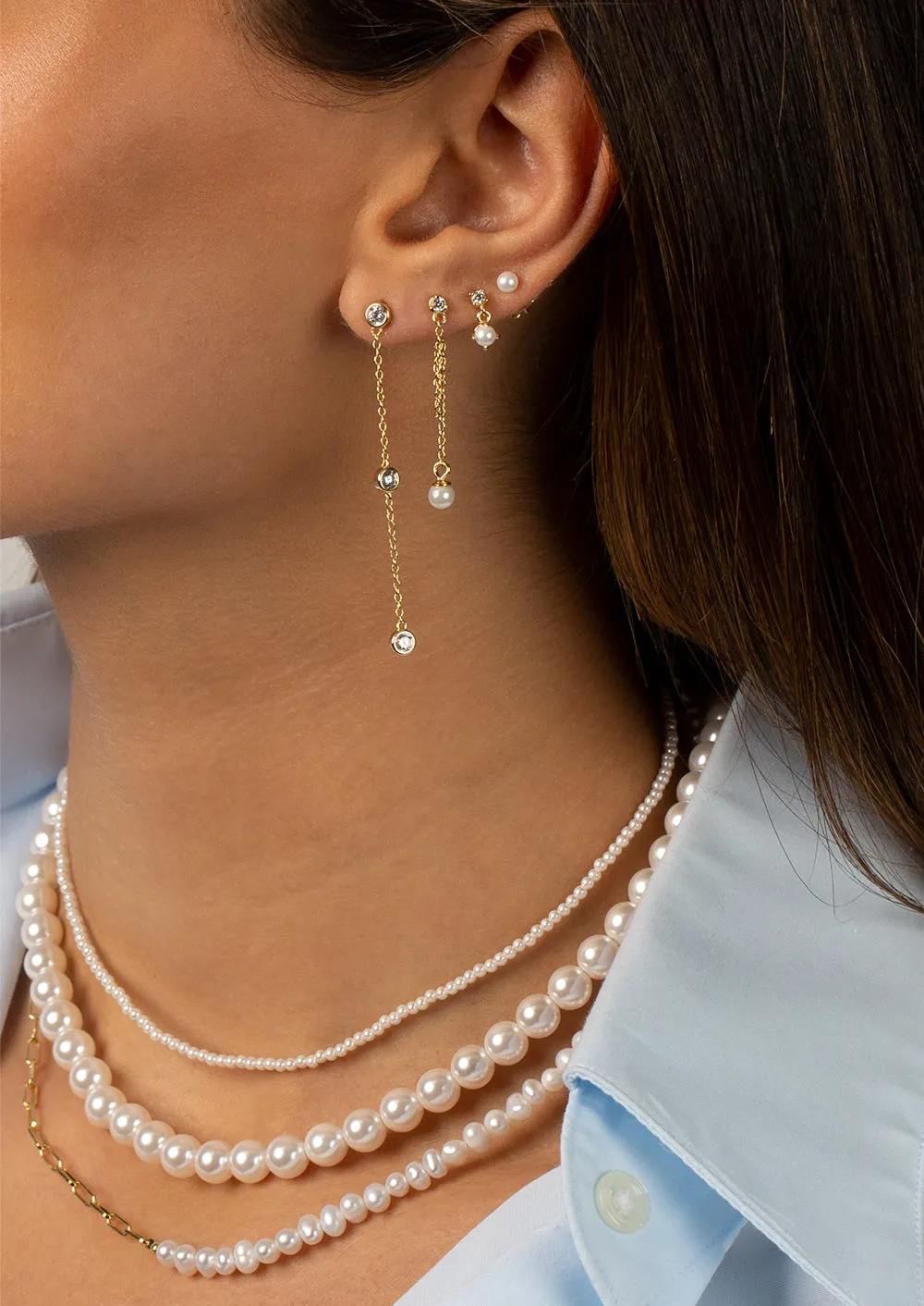 CZ X Pearl Double Chain Front Back Stud Earring