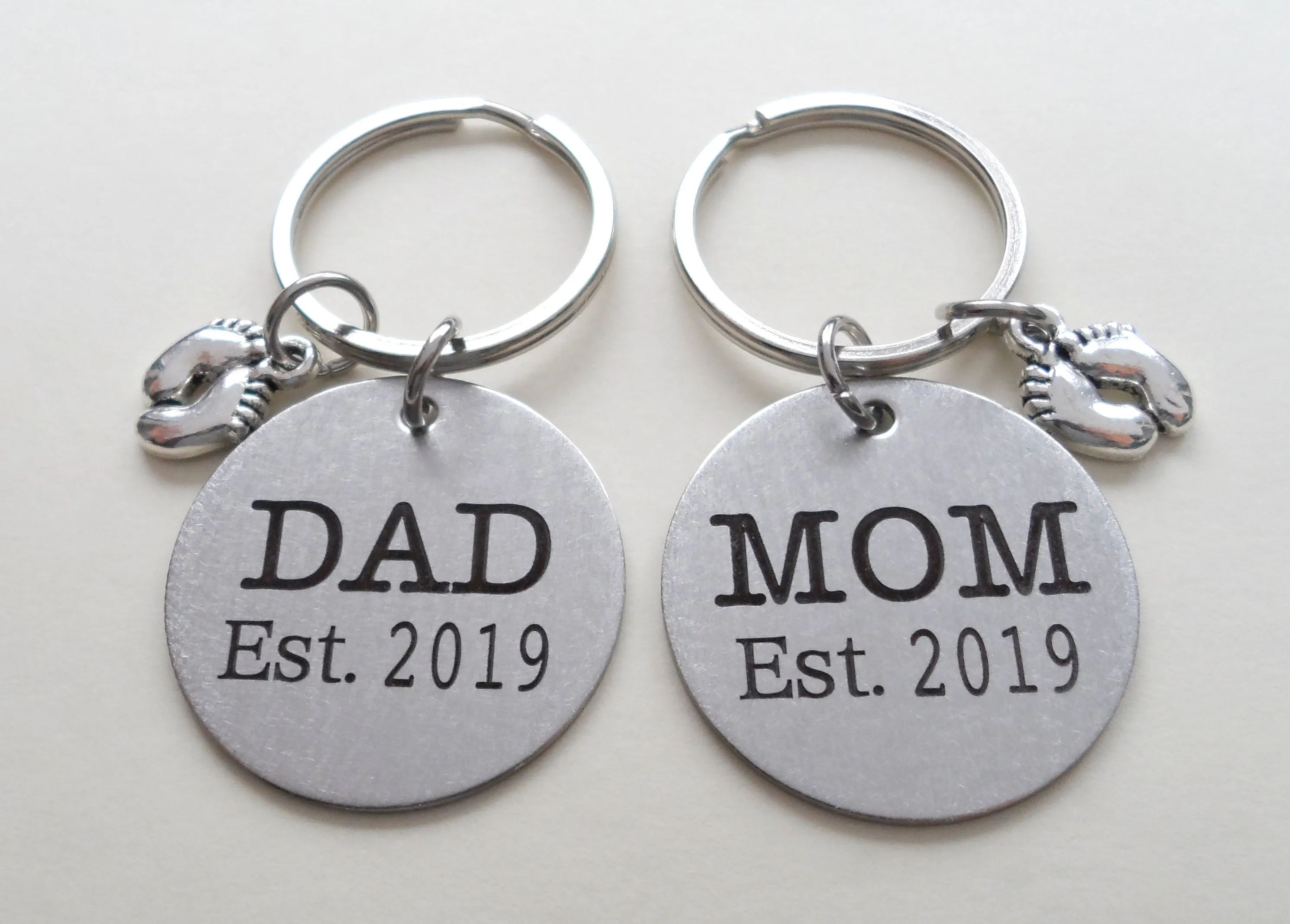 Dad Est. Disc Keychain & Mom Est. Disc Keychain with Baby Feet Charm; Father's Keychain, Mother's Keychain