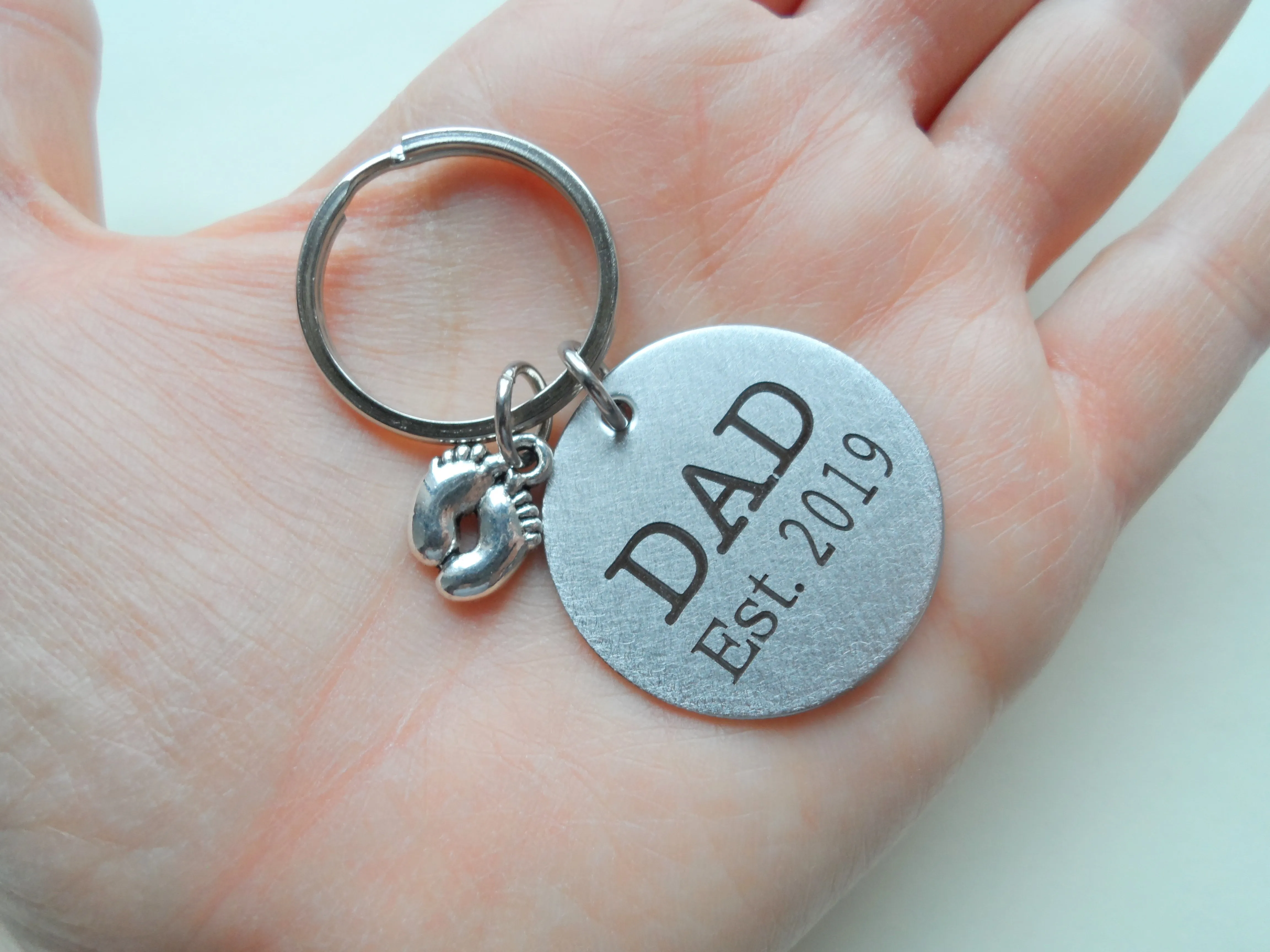 Dad Est. Disc Keychain & Mom Est. Disc Keychain with Baby Feet Charm; Father's Keychain, Mother's Keychain