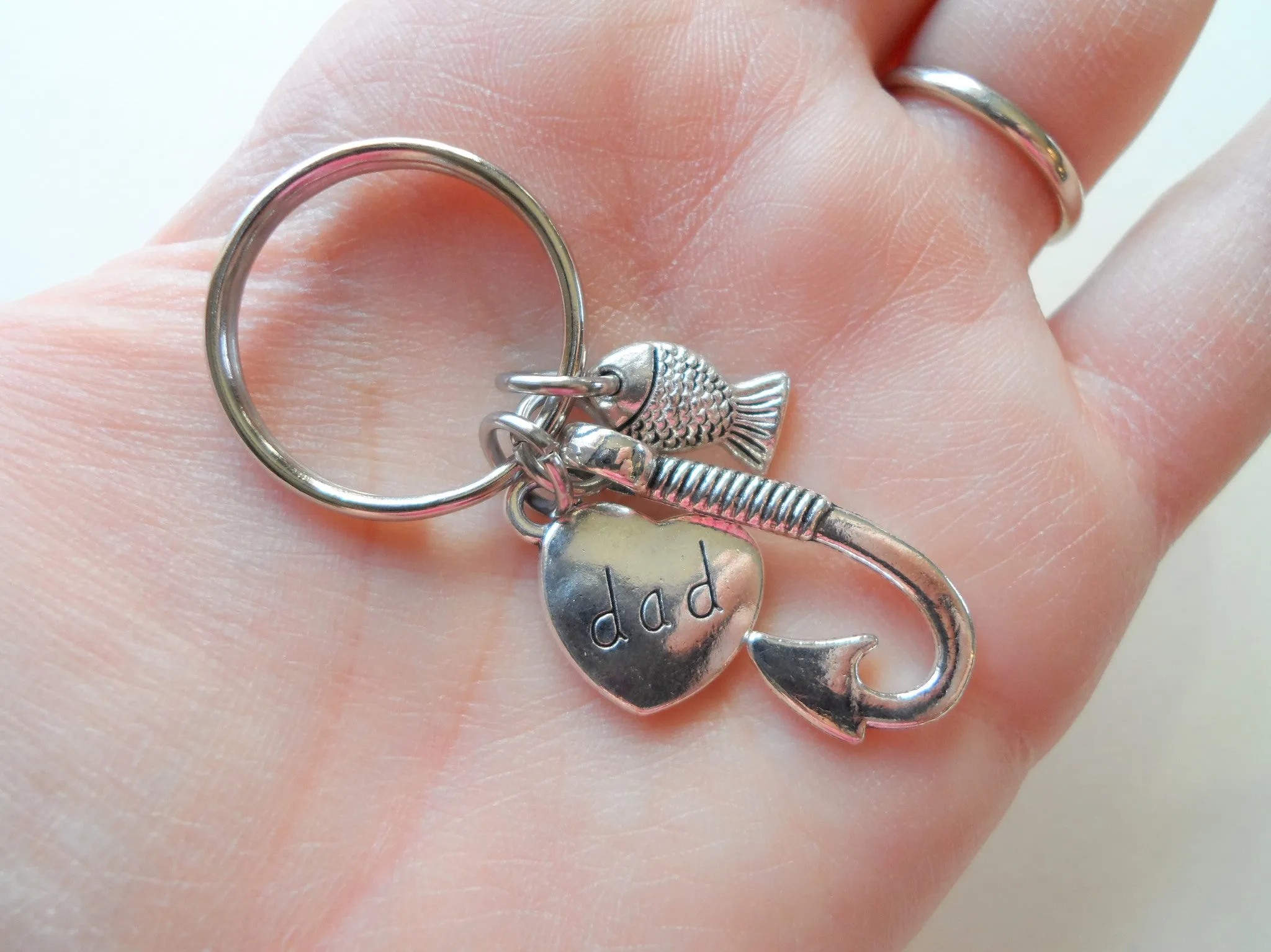 Dad Fish Hook Keychain with Little Fish Charm - Hooked on You Dad; Father's Keychain