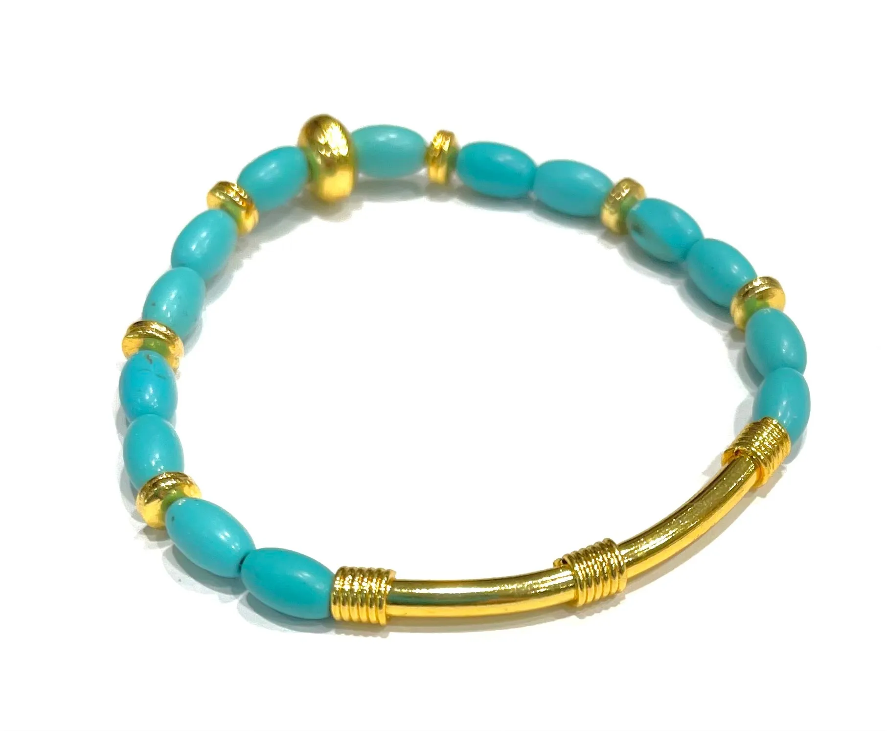 Dainty Turquoise Gemstone & Bali Gold Tube Bracelet