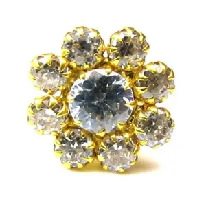 Daisy Indian Style White Designer CZ Body Piercing Jewelry Nose stud Pin Solid Real 14k Yellow Gold