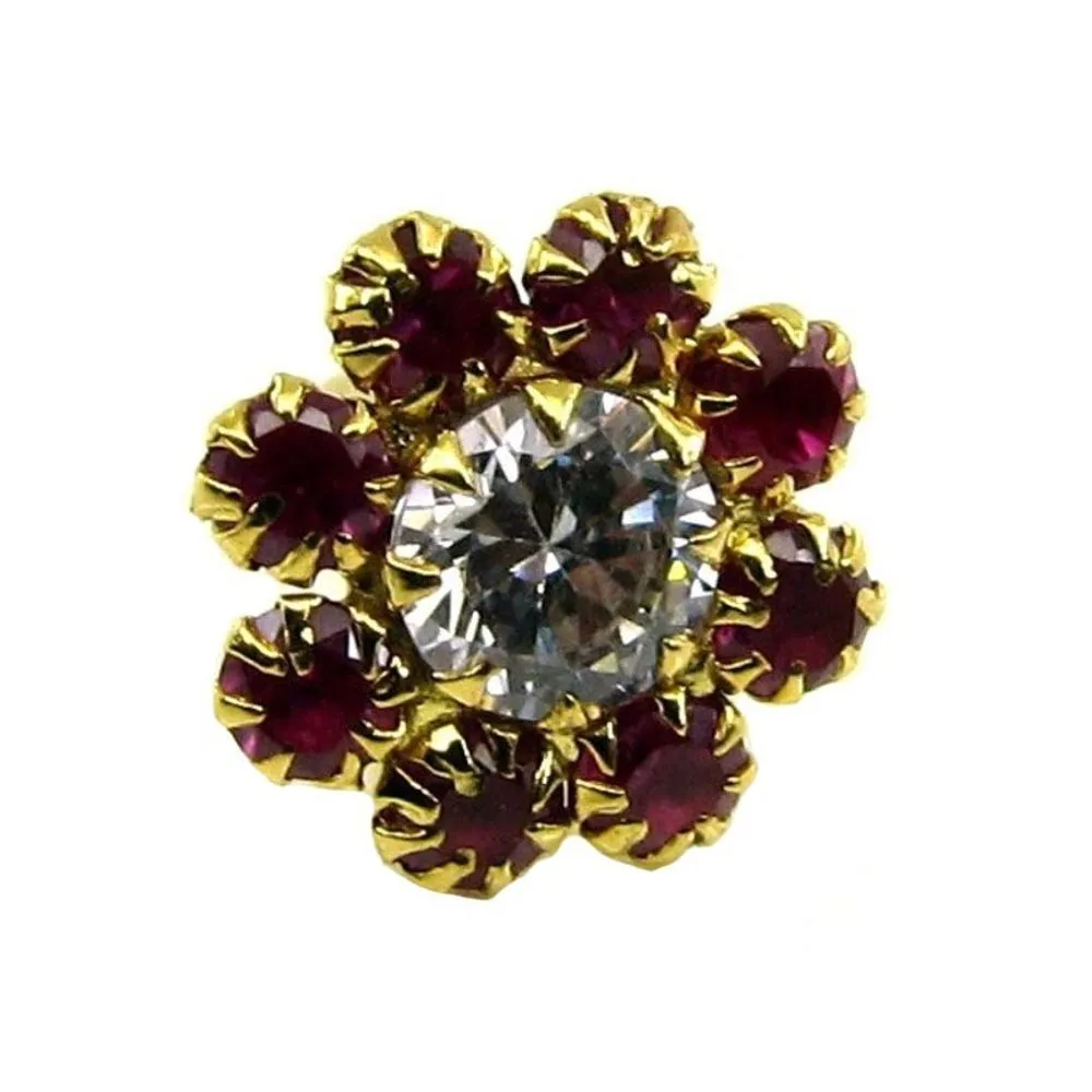 Daisy Indian Style White&Pink CZ Studded Body Piercing Jewelry Nose Stud Pin Solid Real 14k Yellow Gold