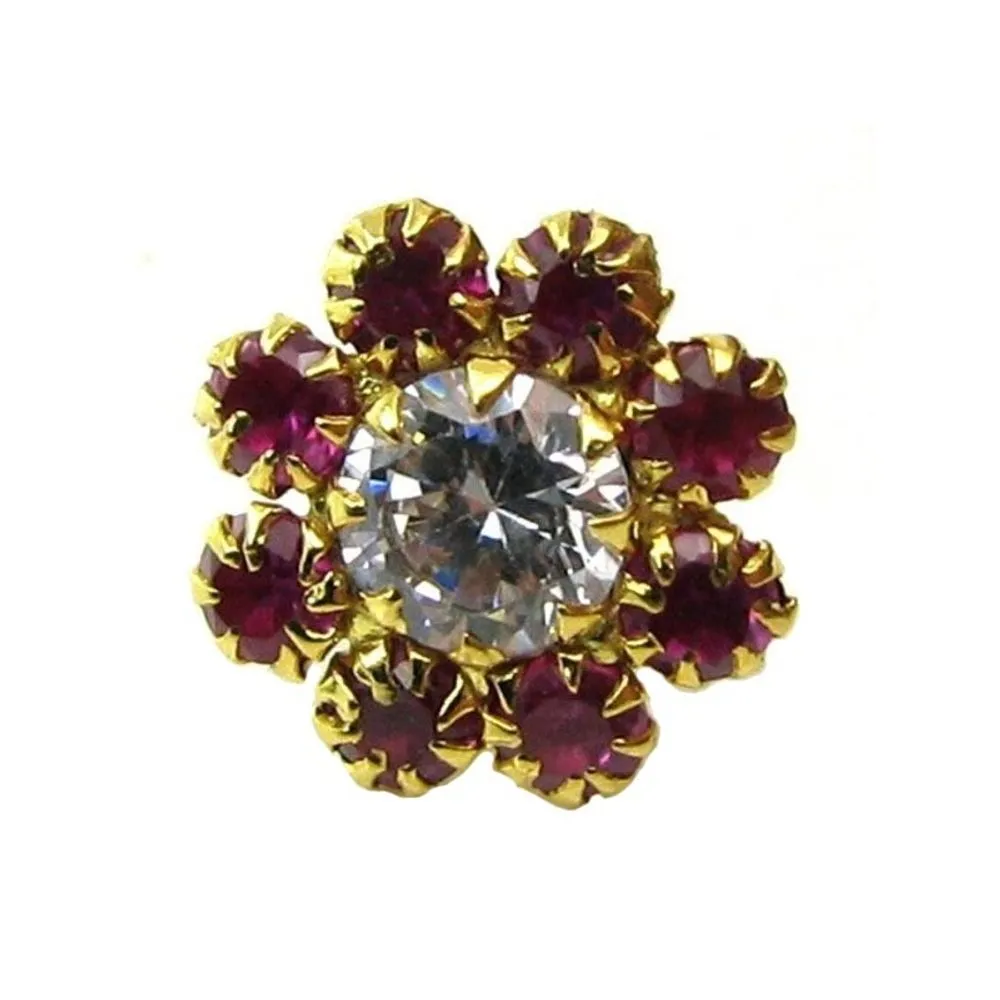 Daisy Indian Style White&Pink CZ Studded Body Piercing Jewelry Nose Stud Pin Solid Real 14k Yellow Gold