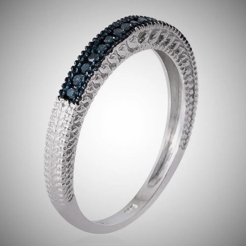 Decorative Platinum Sterling Silver Channel Set BLUE DIAMOND Band Ring