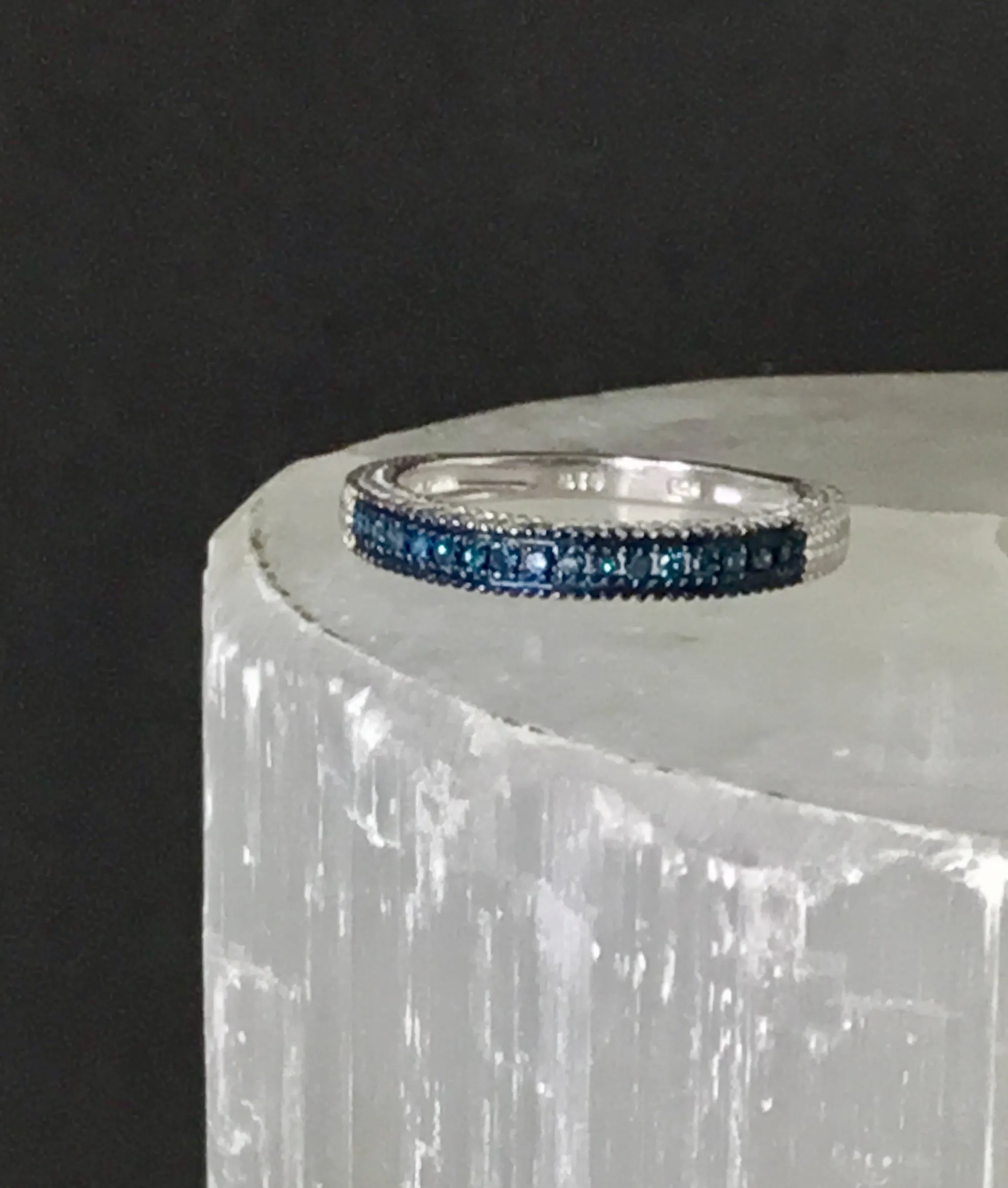 Decorative Platinum Sterling Silver Channel Set BLUE DIAMOND Band Ring