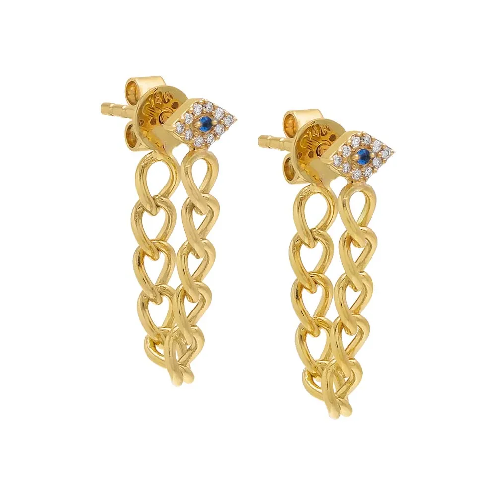 Diamond Evil Eye Front Back Link Stud Earring 14K