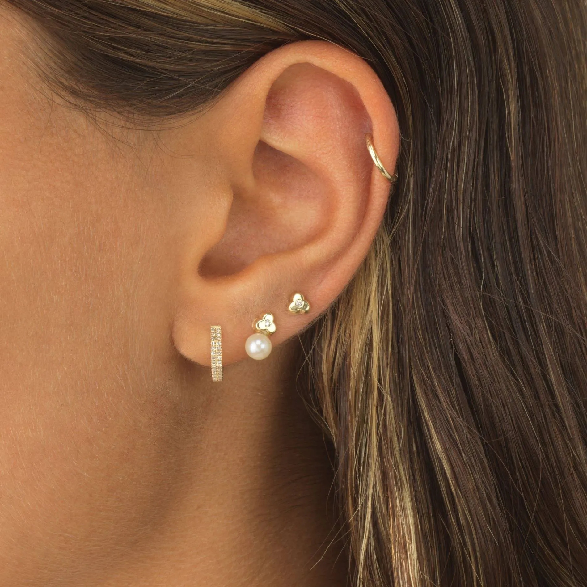 Diamond Leaf Flower Stud Earring 14K