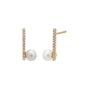 Diamond Pave & Pearl Stud Earring 14K