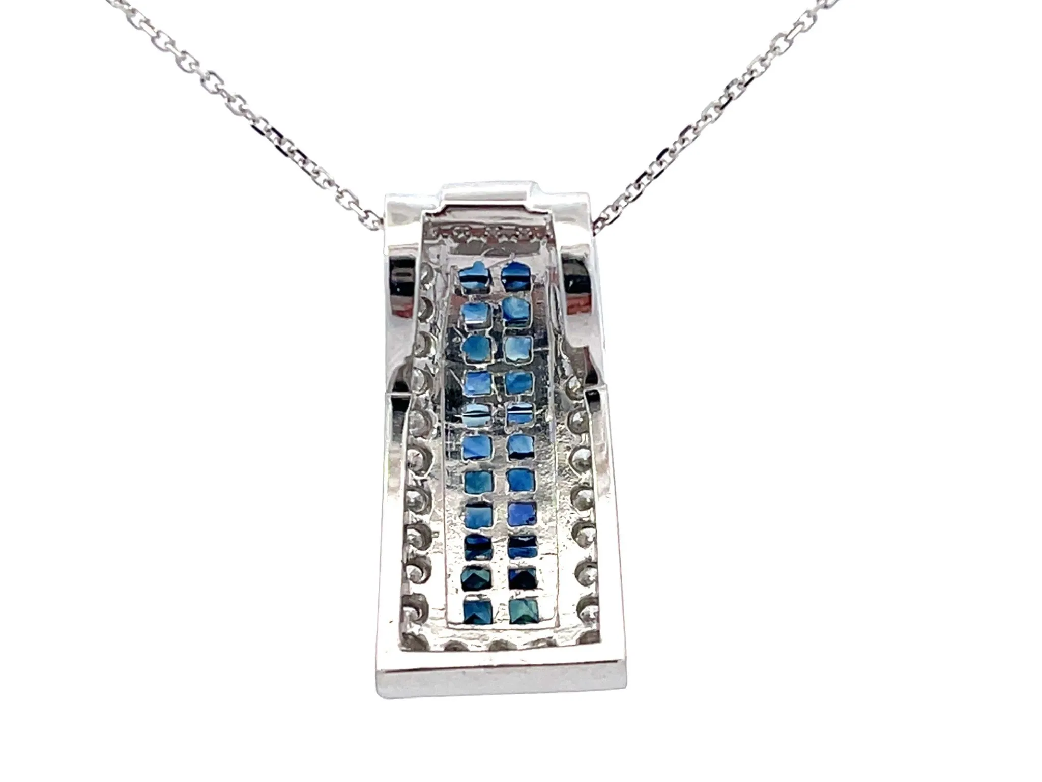 Diamond Sapphire Rectangular Pendant and Chain in 14k White Gold