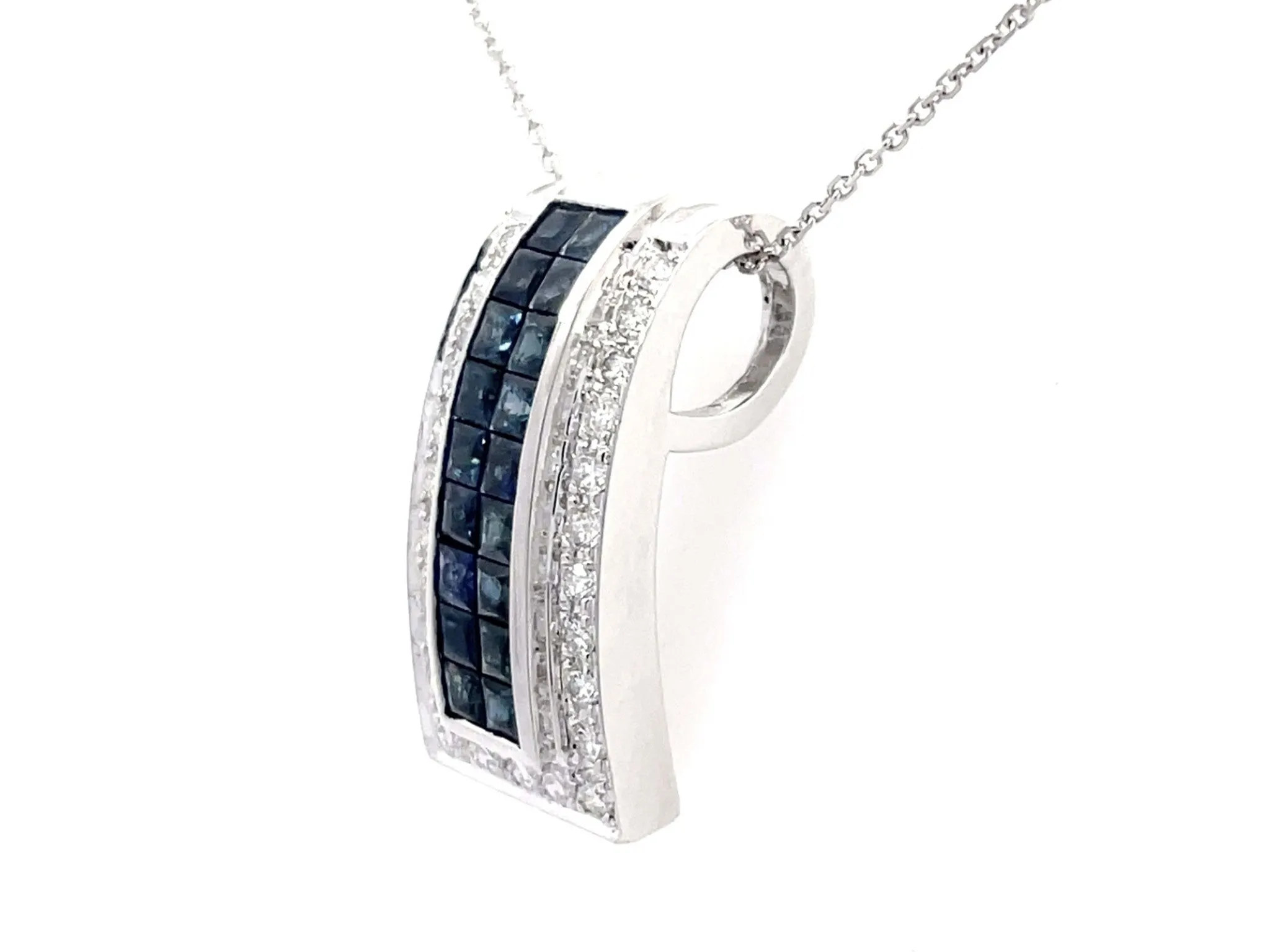 Diamond Sapphire Rectangular Pendant and Chain in 14k White Gold