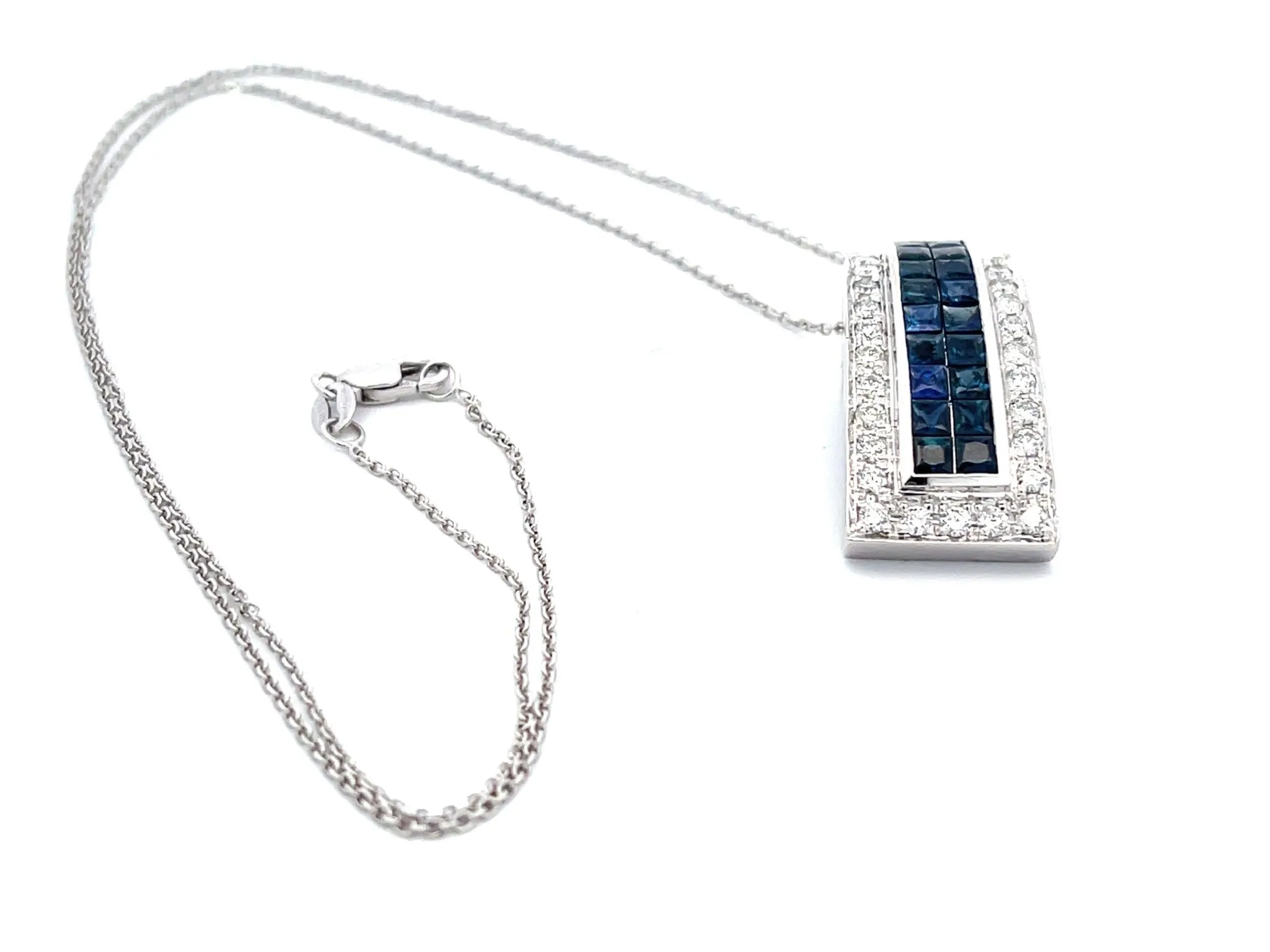 Diamond Sapphire Rectangular Pendant and Chain in 14k White Gold