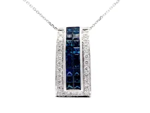Diamond Sapphire Rectangular Pendant and Chain in 14k White Gold