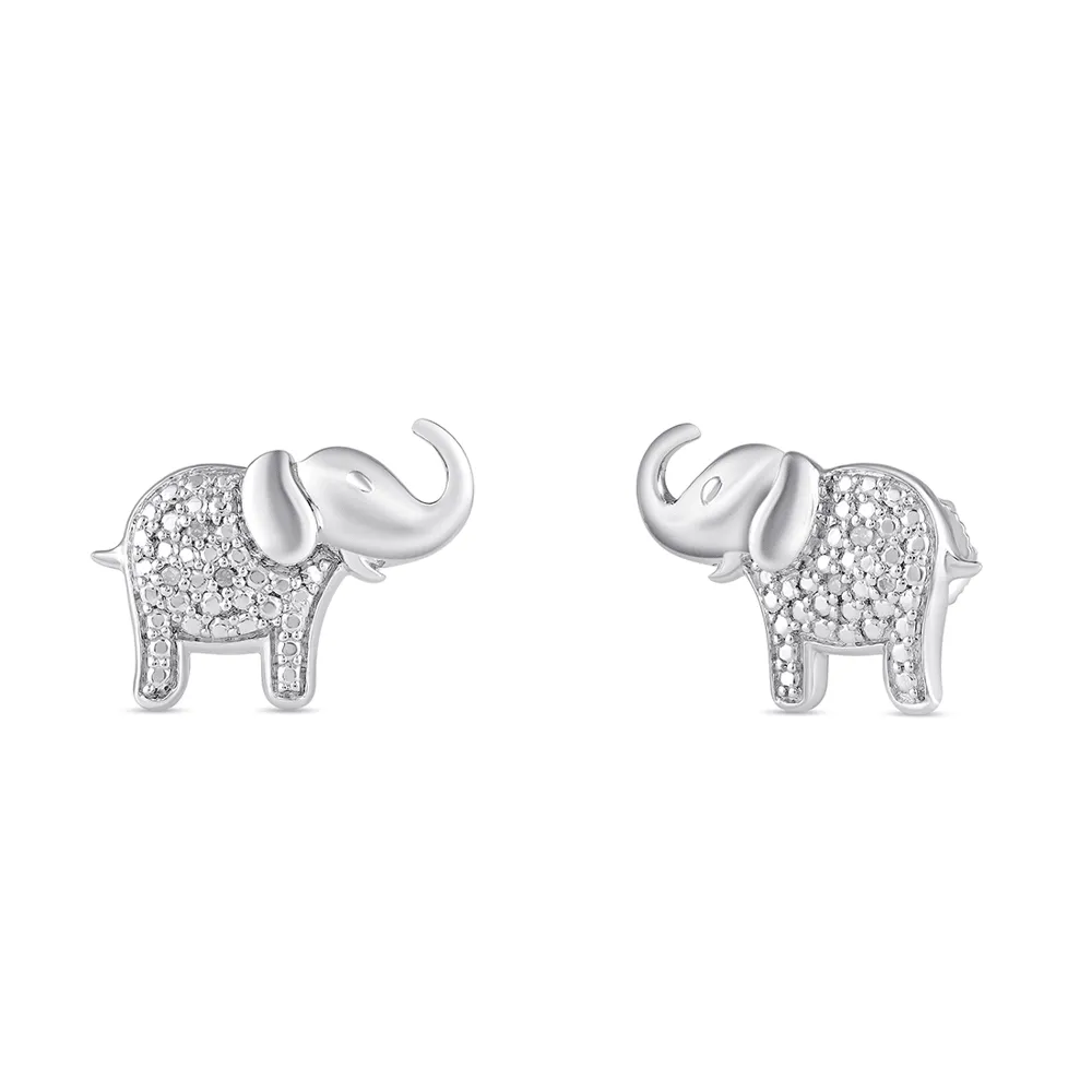 Diamond Set Elephant Stud Earrings in Sterling Silver