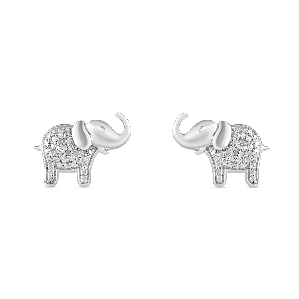 Diamond Set Elephant Stud Earrings in Sterling Silver