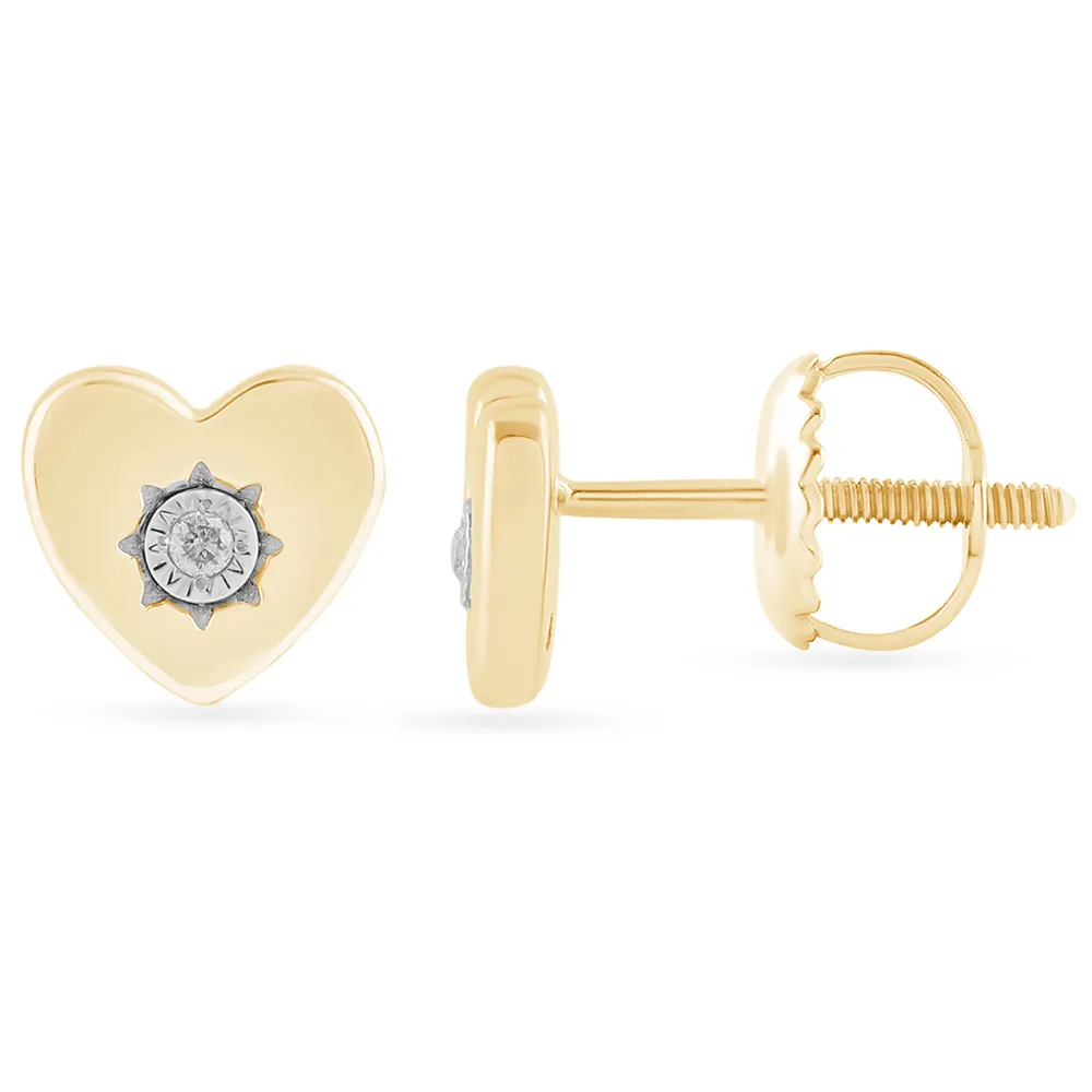Diamond Set Heart Stud Earrings in 9ct Yellow Gold