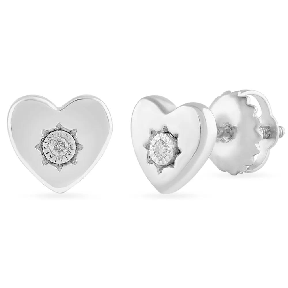 Diamond Set Heart Stud Earrings in Sterling Silver