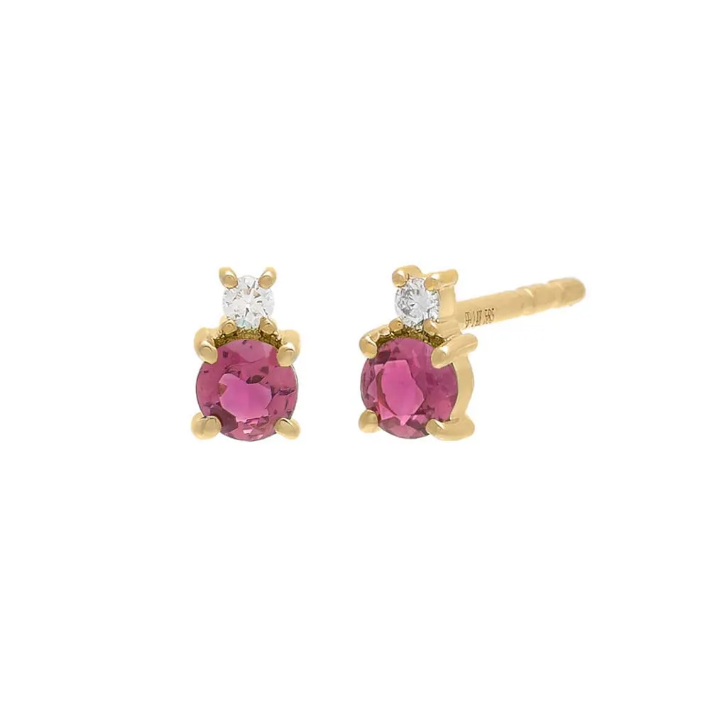 Diamond X Gemstone Stud Earring 14K