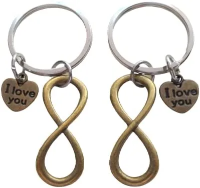 Double Bronze Infinity Charm Keychains with I Love You Heart Charms; Couple Keychains, Best Friends Keychains