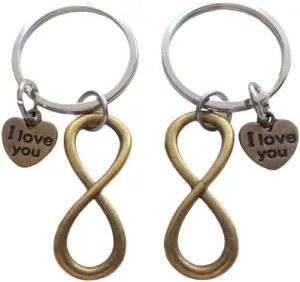 Double Bronze Infinity Charm Keychains with I Love You Heart Charms; Couple Keychains, Best Friends Keychains