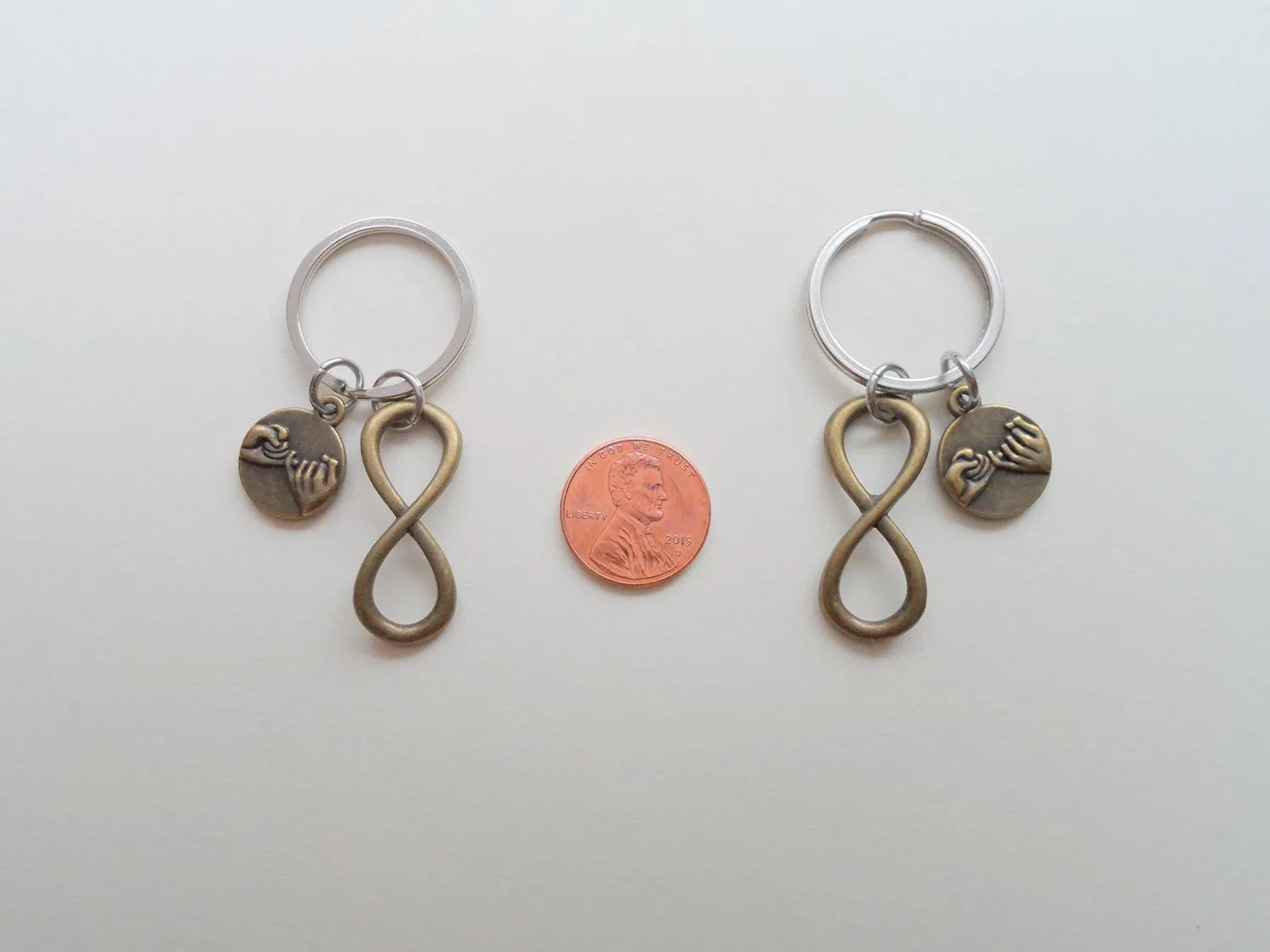 Double Bronze Pinky Promise Charm and Infinity Charm Keychains; Couple Keychains, Best Friends Keychains