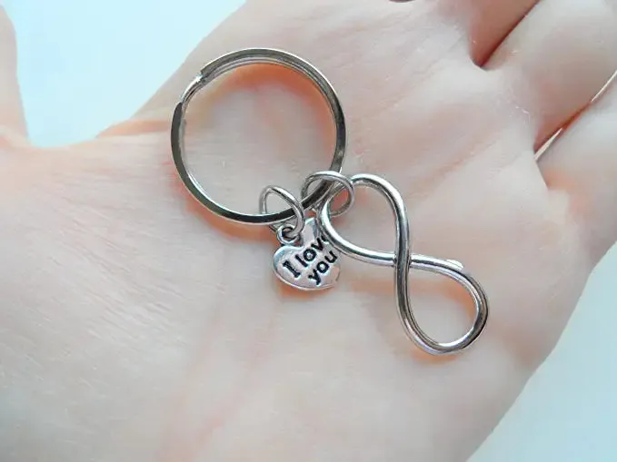 Double Infinity Charm Keychains with I Love You Heart Charms; Couple Keychains, Best Friends Keychains