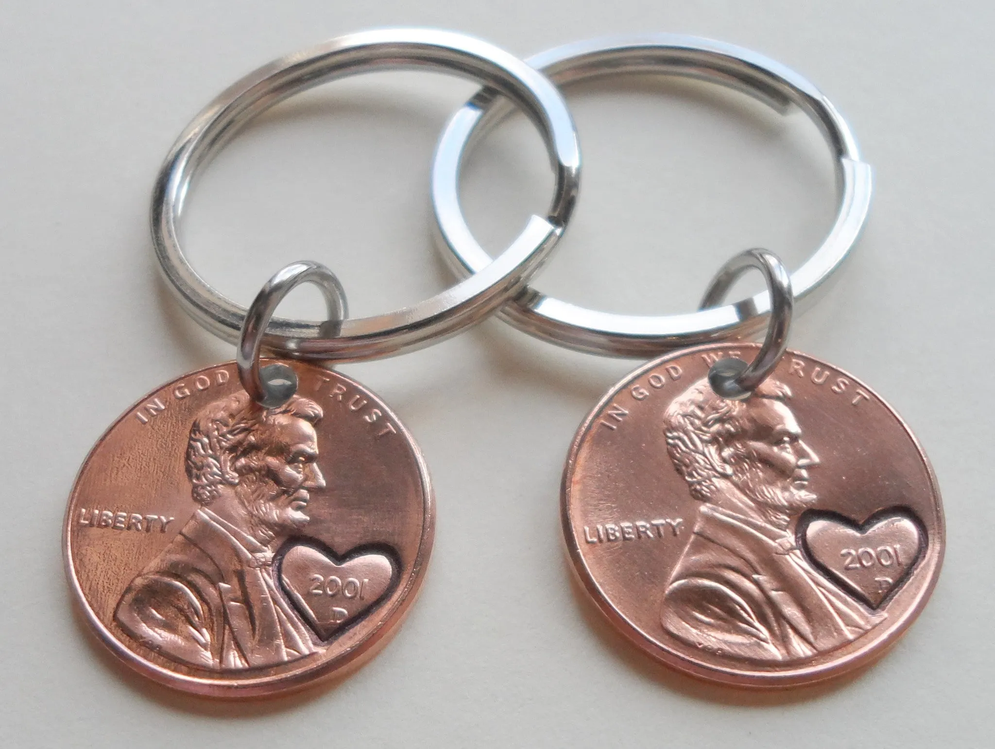 Double Keychain Set 2001 Penny Keychains with Engraved Heart Around Year; 24 Year Anniversary Gift, Couples Keychain