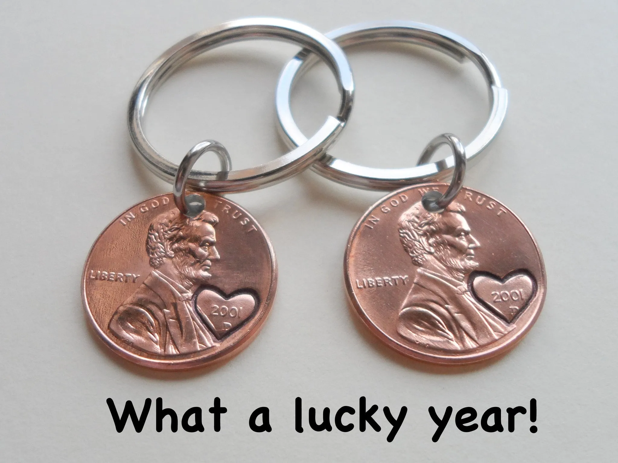Double Keychain Set 2001 Penny Keychains with Engraved Heart Around Year; 24 Year Anniversary Gift, Couples Keychain