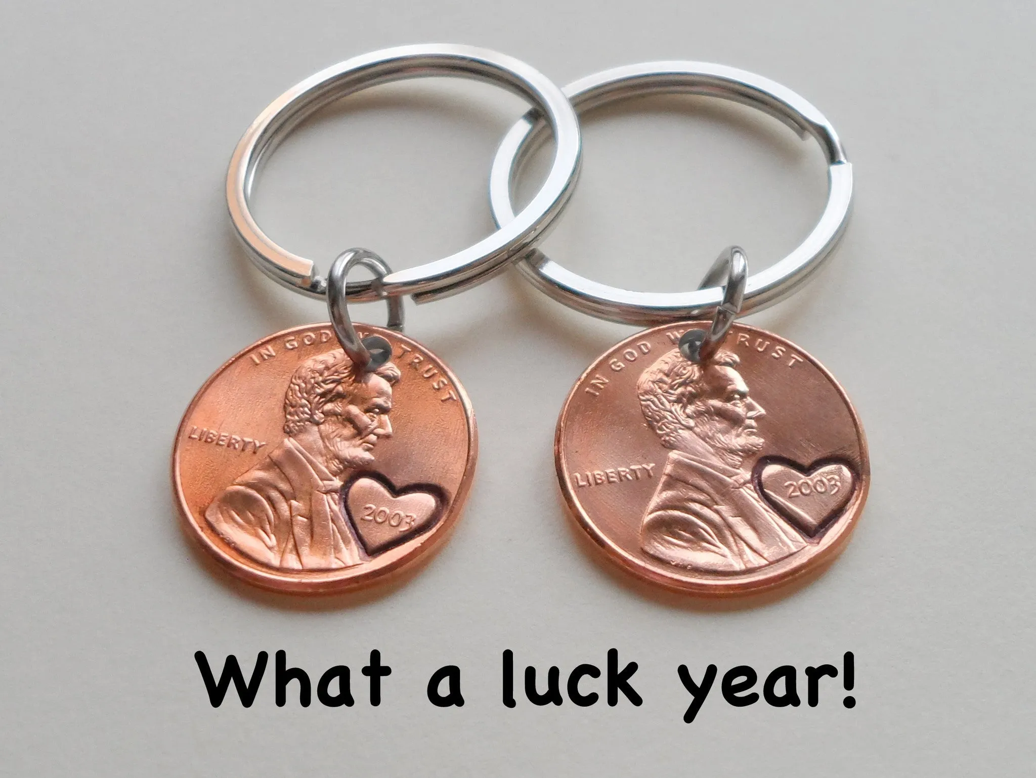 Double Keychain Set 2003 Penny Keychains with Engraved Heart Around Year; 22 Year Anniversary Gift, Couples Keychain