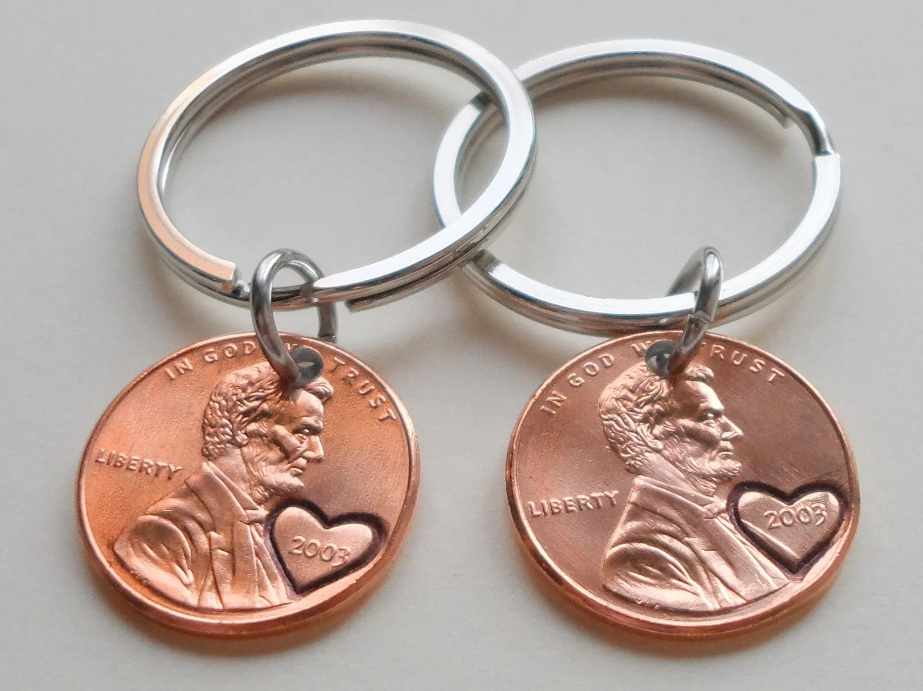 Double Keychain Set 2003 Penny Keychains with Engraved Heart Around Year; 22 Year Anniversary Gift, Couples Keychain
