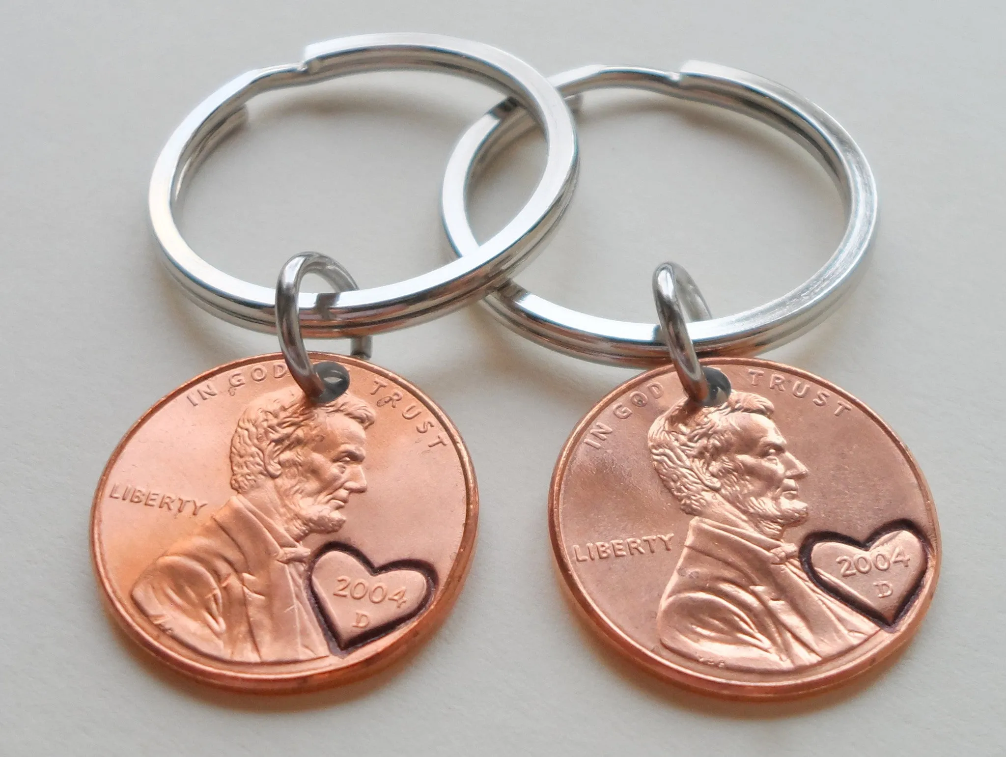 Double Keychain Set 2004 Penny Keychains with Engraved Heart Around Year; 21 Year Anniversary Gift, Couples Keychain