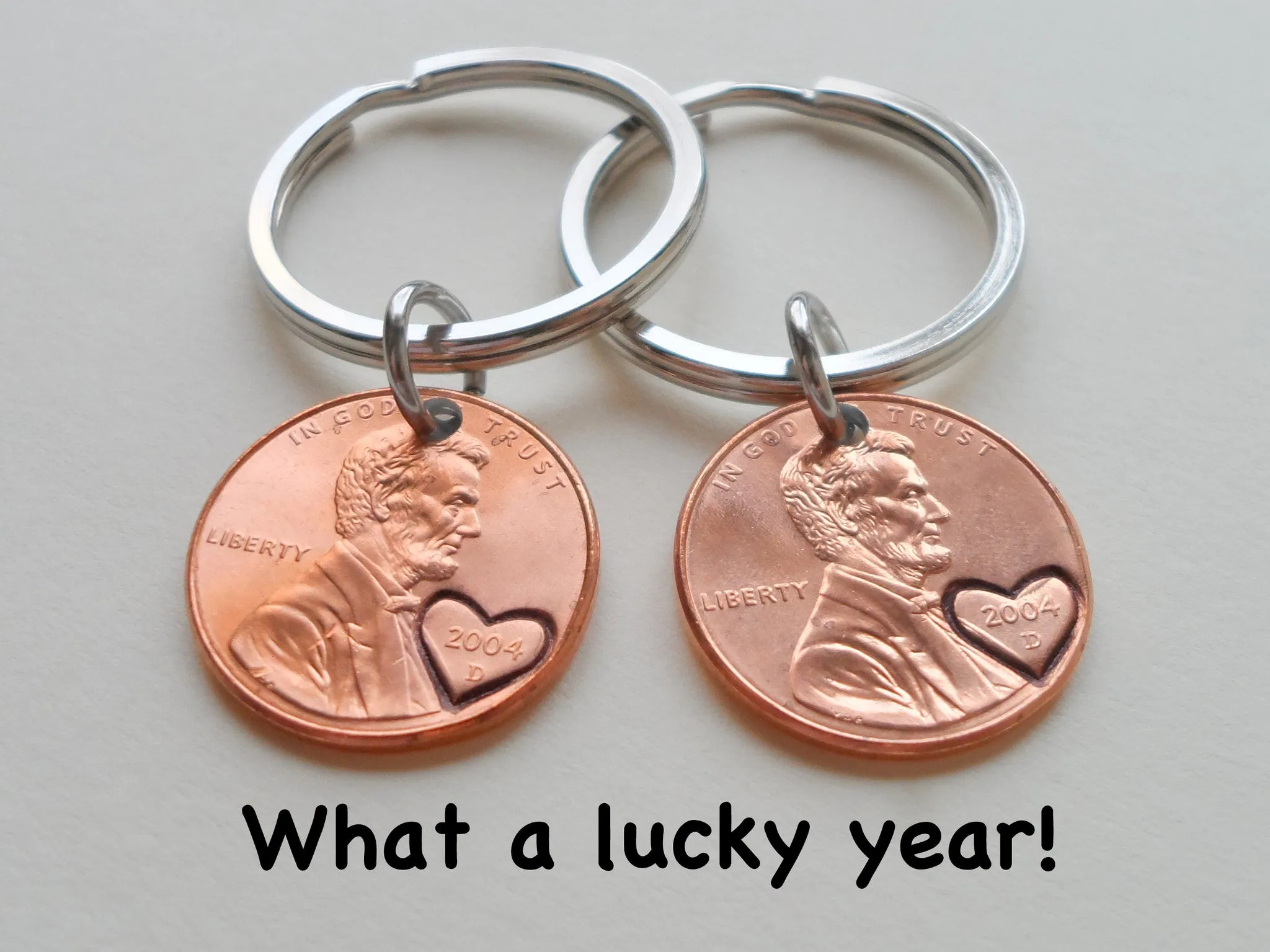 Double Keychain Set 2004 Penny Keychains with Engraved Heart Around Year; 21 Year Anniversary Gift, Couples Keychain