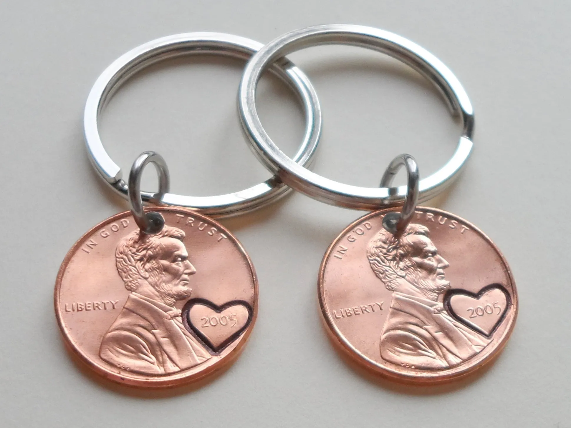 Double Keychain Set 2005 Penny Keychains with Engraved Heart Around Year; 20 Year Anniversary Gift, Couples Keychain