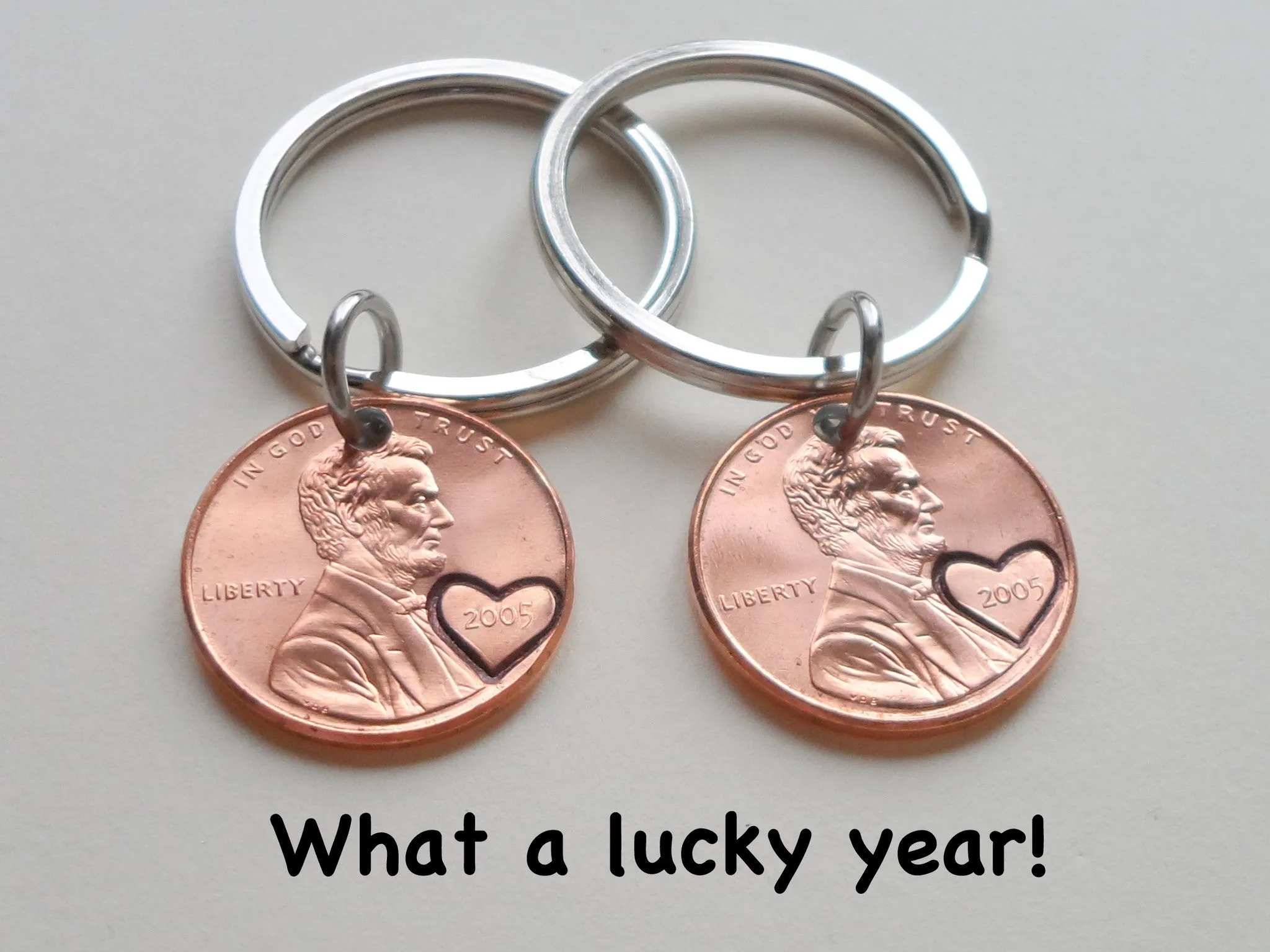 Double Keychain Set 2005 Penny Keychains with Engraved Heart Around Year; 20 Year Anniversary Gift, Couples Keychain