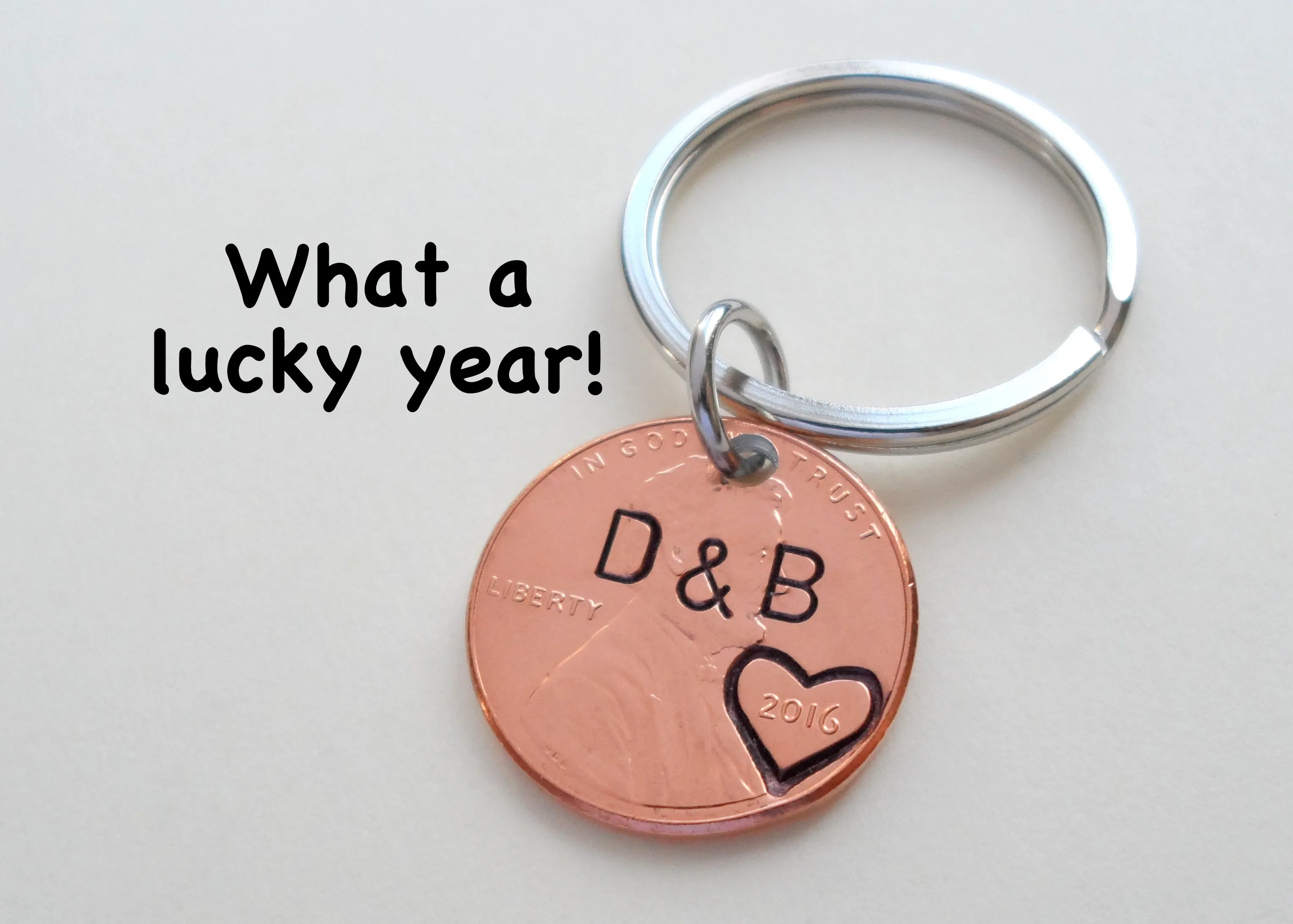 Double Keychain Set 2013 Penny Keychains with Engraved Heart Around Year; 9 Year Anniversary Gift, Couples Keychain