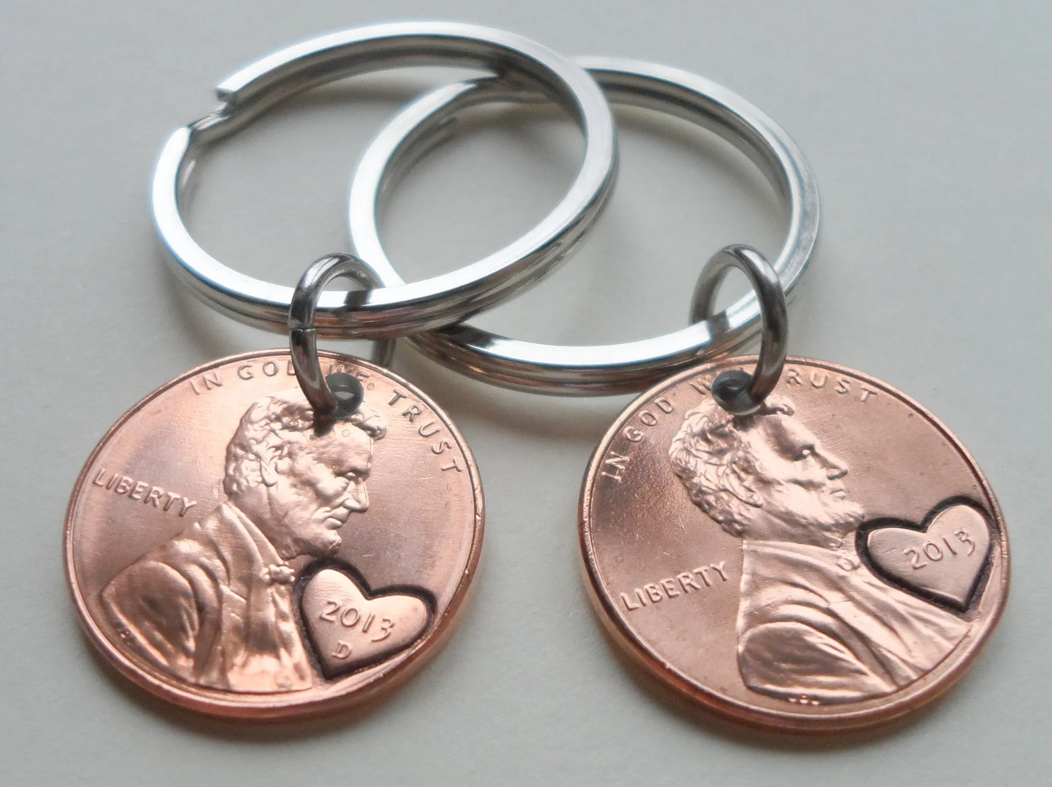 Double Keychain Set 2013 Penny Keychains with Engraved Heart Around Year; 9 Year Anniversary Gift, Couples Keychain