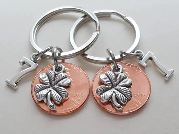Double Keychain Set, 2015 Penny Keychains with Clover Charms, and Number 7 Charms; 7 Year Anniversary