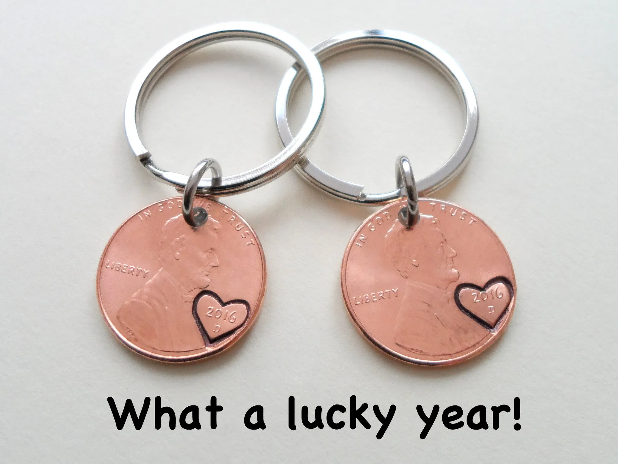 Double Keychain Set 2016 Penny Keychains with Engraved Heart Around Year; 8 Year Anniversary Gift, Couples Keychain
