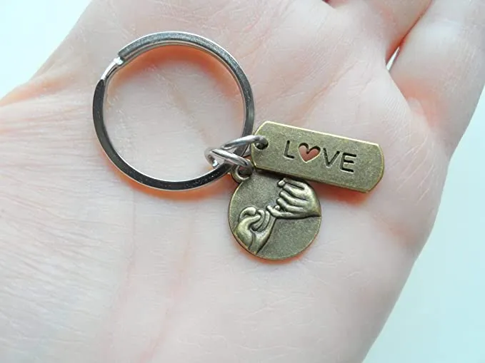 Double Keychain Set, Bronze Pinky Promise & Love Tag Charm Keychains, Best Friend or Couples Keychains