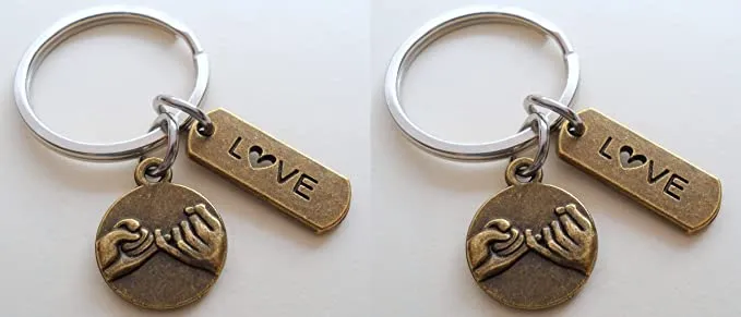 Double Keychain Set, Bronze Pinky Promise & Love Tag Charm Keychains, Best Friend or Couples Keychains