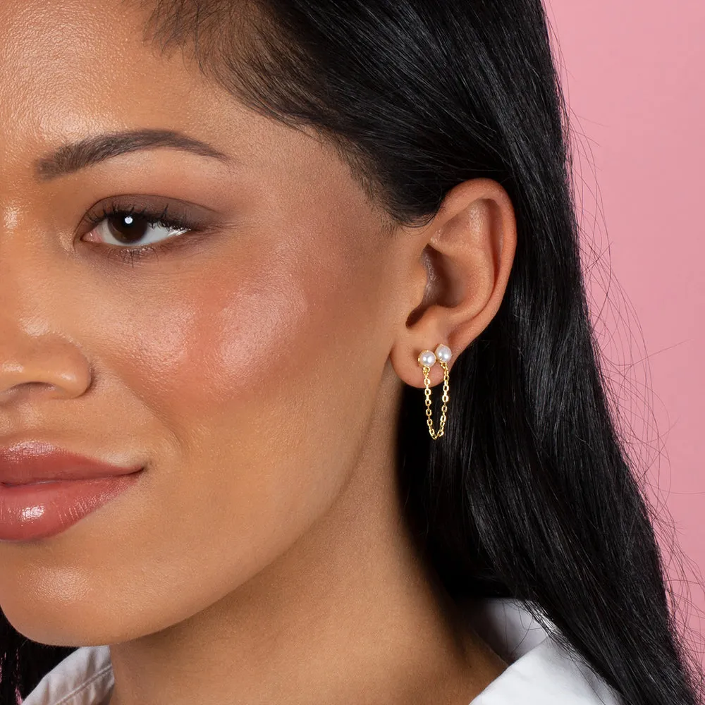 Double Pearl Chain Stud Earring