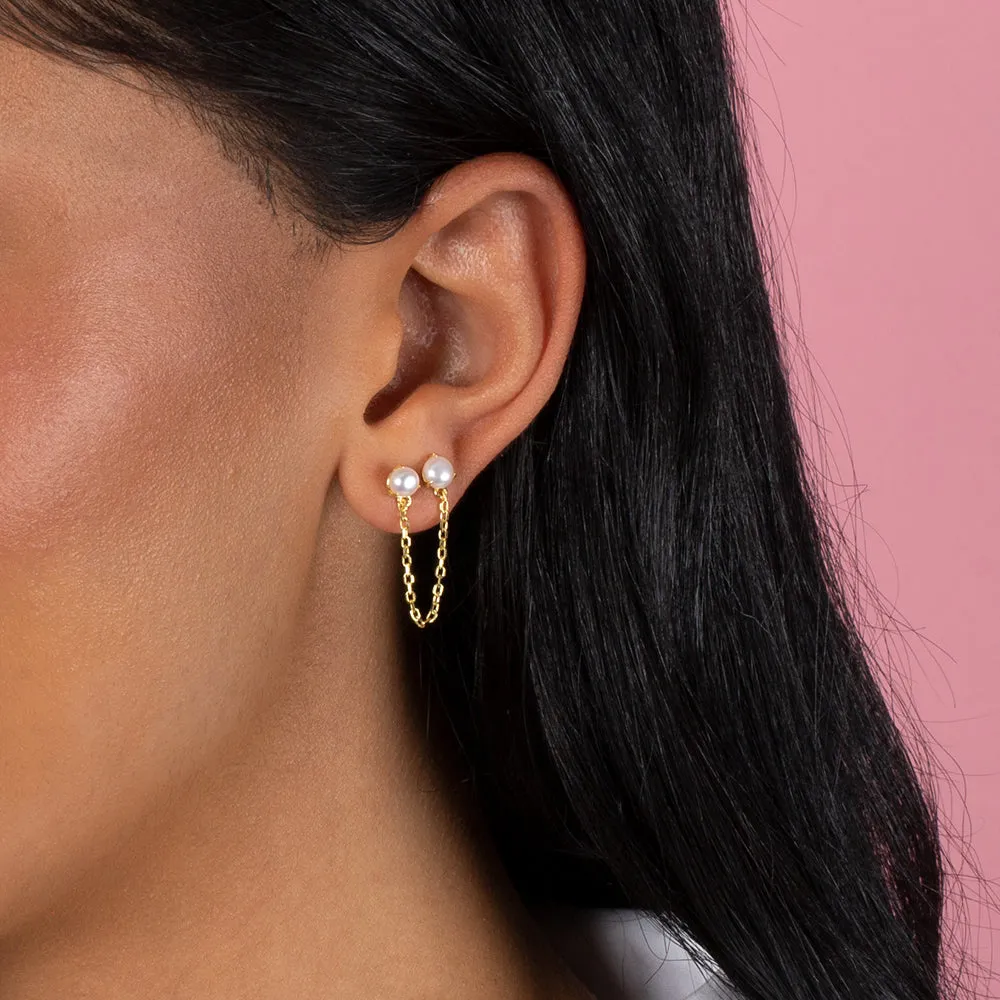 Double Pearl Chain Stud Earring