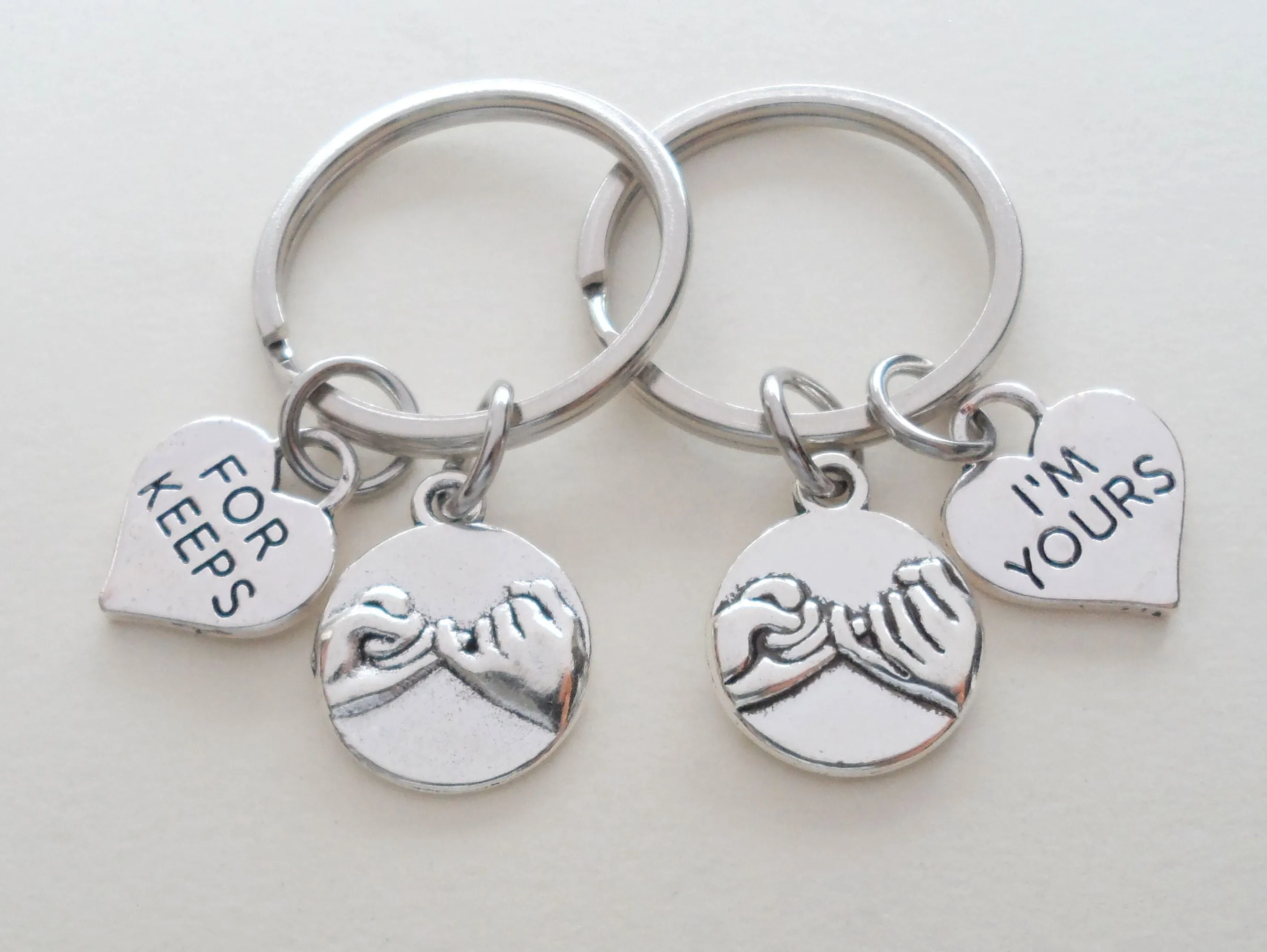 Double Pinky Promise Charm Keychains with I'm Yours and For Keeps Heart Charms; Couple Keychains, Promise Gift