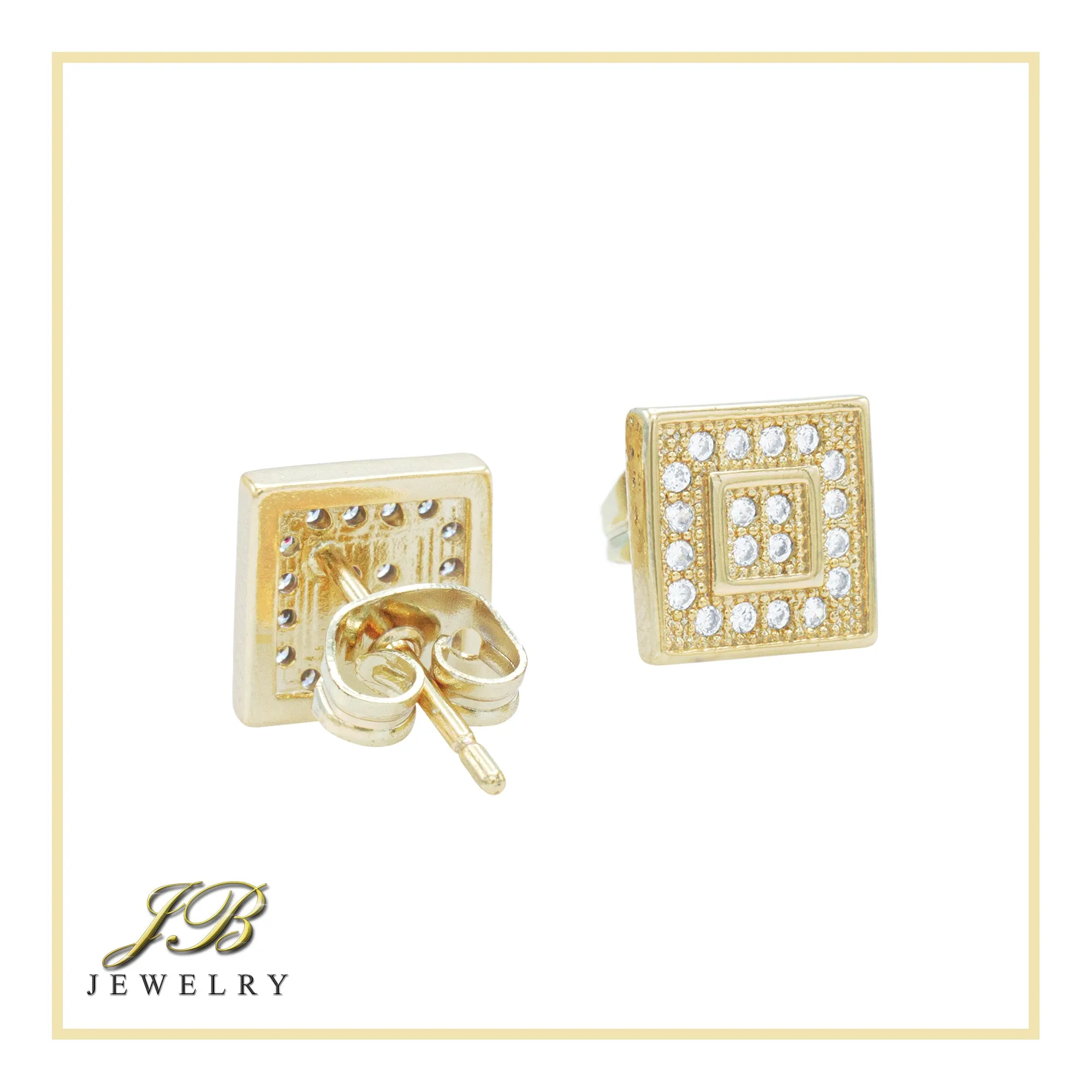 Double Square 2 Cubic Zirconia Earrings 14K Gold Filled Silver Hip Hop Studs Jewelry Women Men