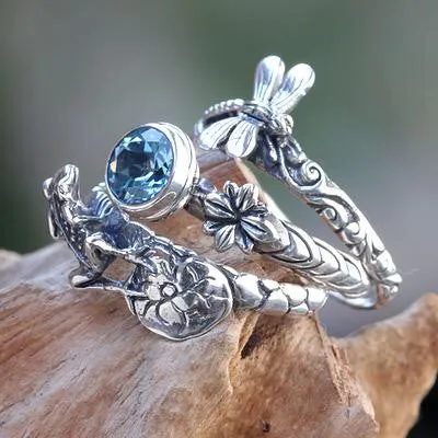 Dragonfly & Frog on Silver Blue Topaz Stacking Rings, Size 7