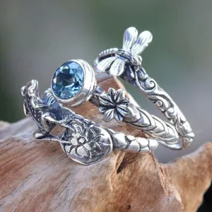 Dragonfly & Frog on Silver Blue Topaz Stacking Rings, Size 7