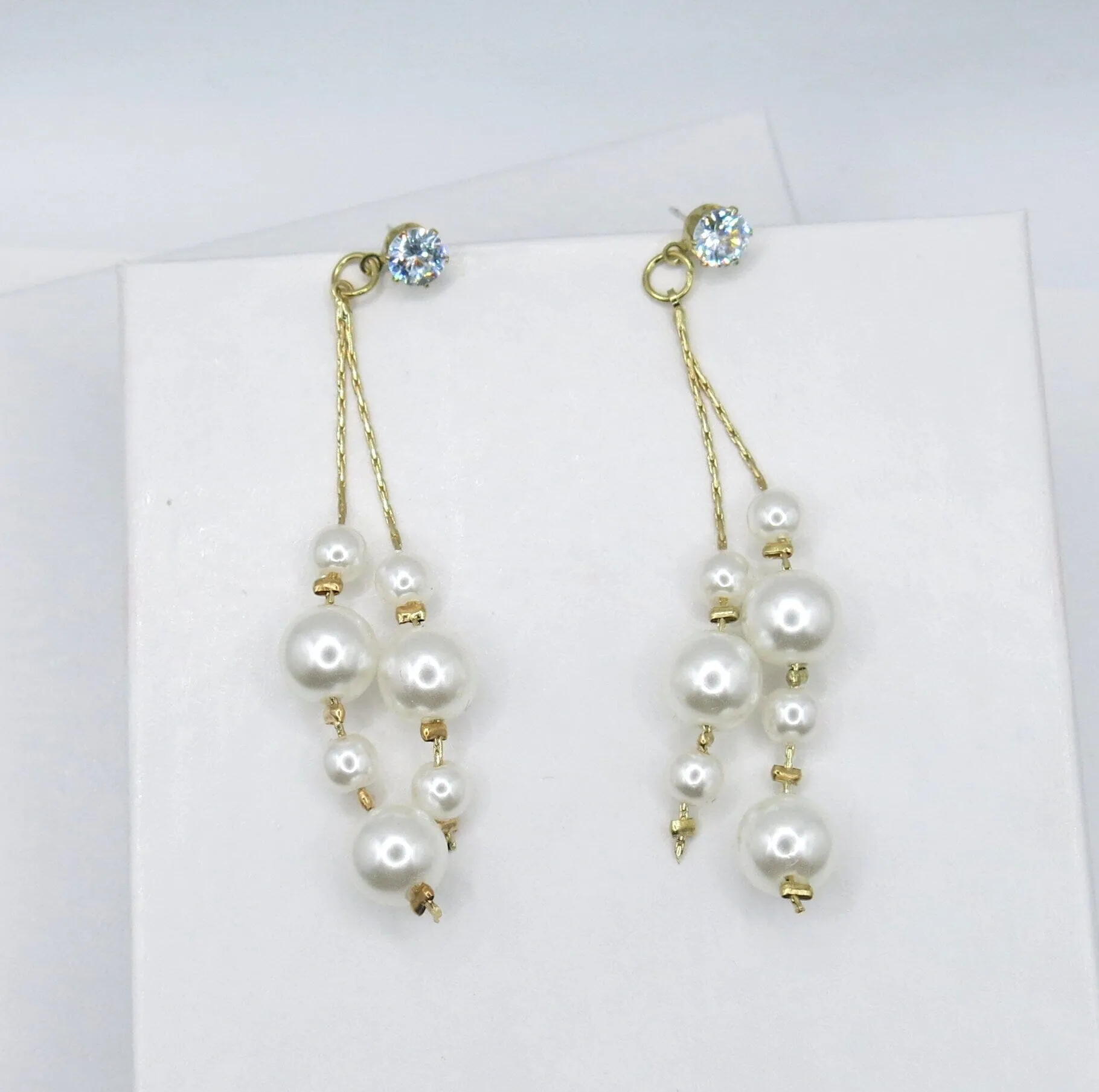 Dual Strand Pearl Earrings, S925 Silver Post Floating Pearl Earrings, 14K Gold Plated Bridal Dangle Ear Studs