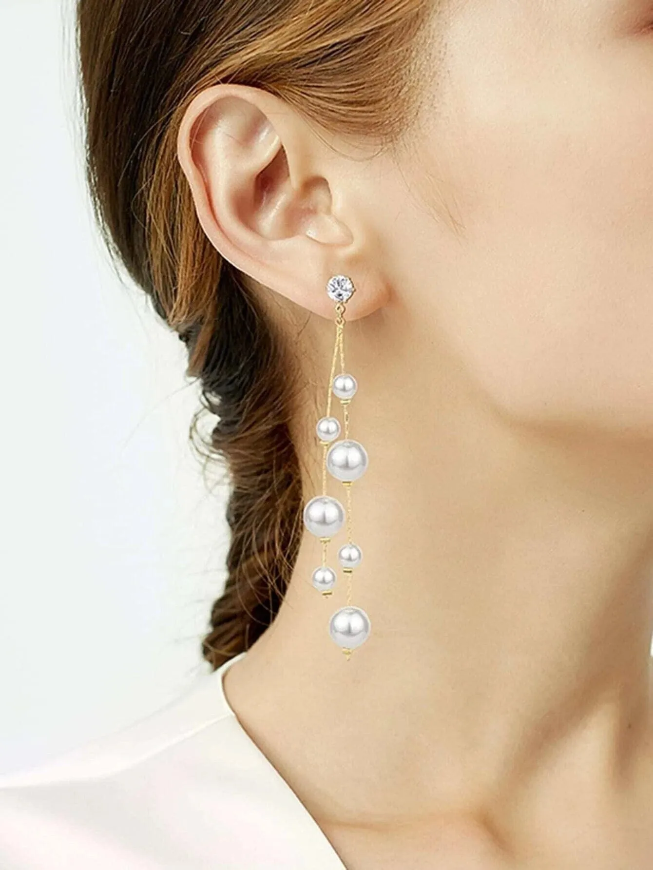 Dual Strand Pearl Earrings, S925 Silver Post Floating Pearl Earrings, 14K Gold Plated Bridal Dangle Ear Studs
