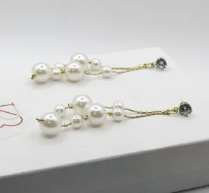 Dual Strand Pearl Earrings, S925 Silver Post Floating Pearl Earrings, 14K Gold Plated Bridal Dangle Ear Studs